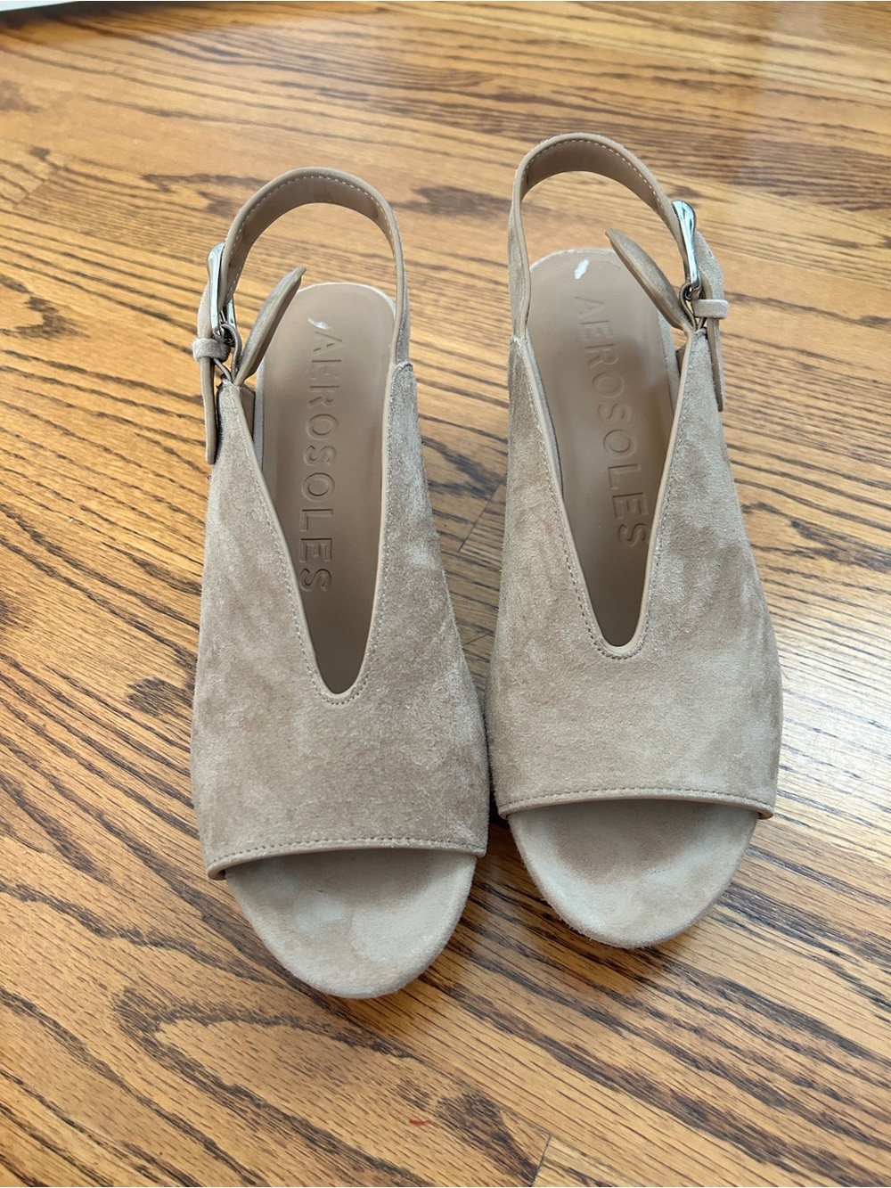 AEROSOLES Taupe Suede Open-Toe Slingback Sandals